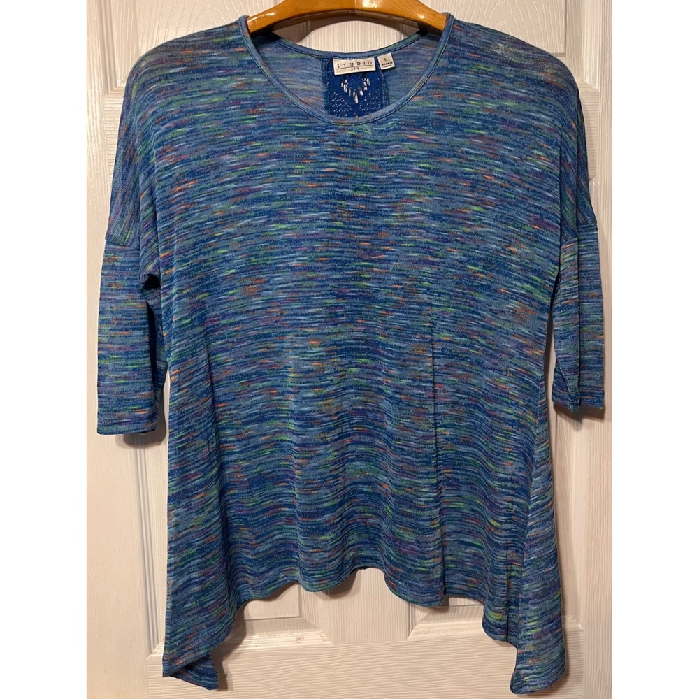 Studio JPR Blue Space Dye Crochet Lace Back Sharkbite Hem‎ Top Sz L Cottagecore